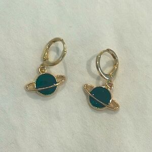 Gold‎ Plated Green Saturn Dangle Earrings